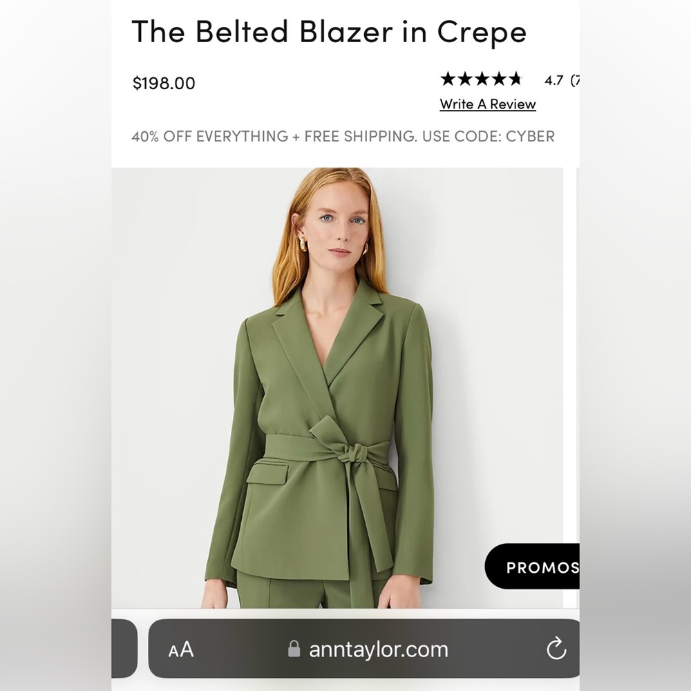 Ann Taylor Green Women's Belted Blazer & Side Zip Trouser Pant in Crepe NWT